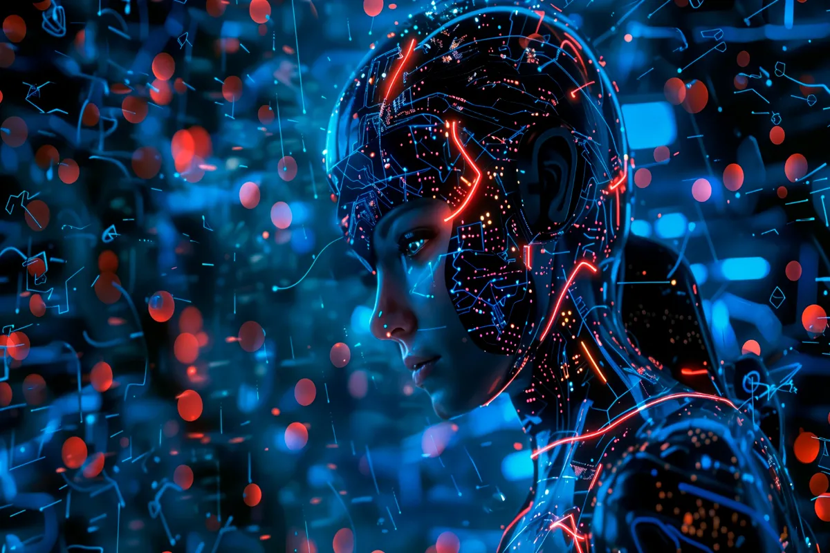 Retrato digital de uma mulher de perfil, com detalhes de circuito impresso em neon azul e laranja/vermelho mapeados sobre seu corpo e cabeça, simbolizando a fusão de humanidade e Inteligência Artificial (IA) ou tecnologia avançada.