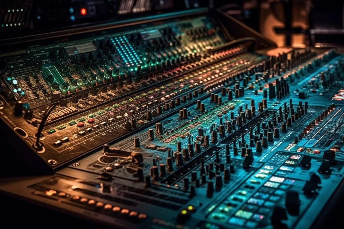 Mesa de som digital com diversos botões, luzes e controles iluminados em tons de azul e laranja em um estúdio de gravação.