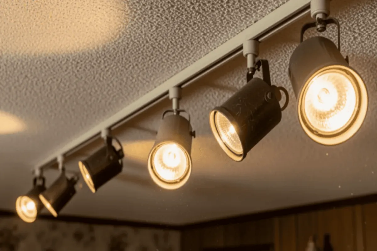 Três spots de iluminação pretos, estilo canhão, montados em um trilho de teto branco, iluminando para baixo com luz amarela quente em uma sala com teto texturizado.