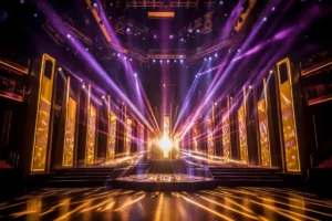 Palco de show ou evento com iluminação dramática em tons de roxo e dourado/âmbar, com raios de luz intensa e painéis verticais dourados nas laterais.