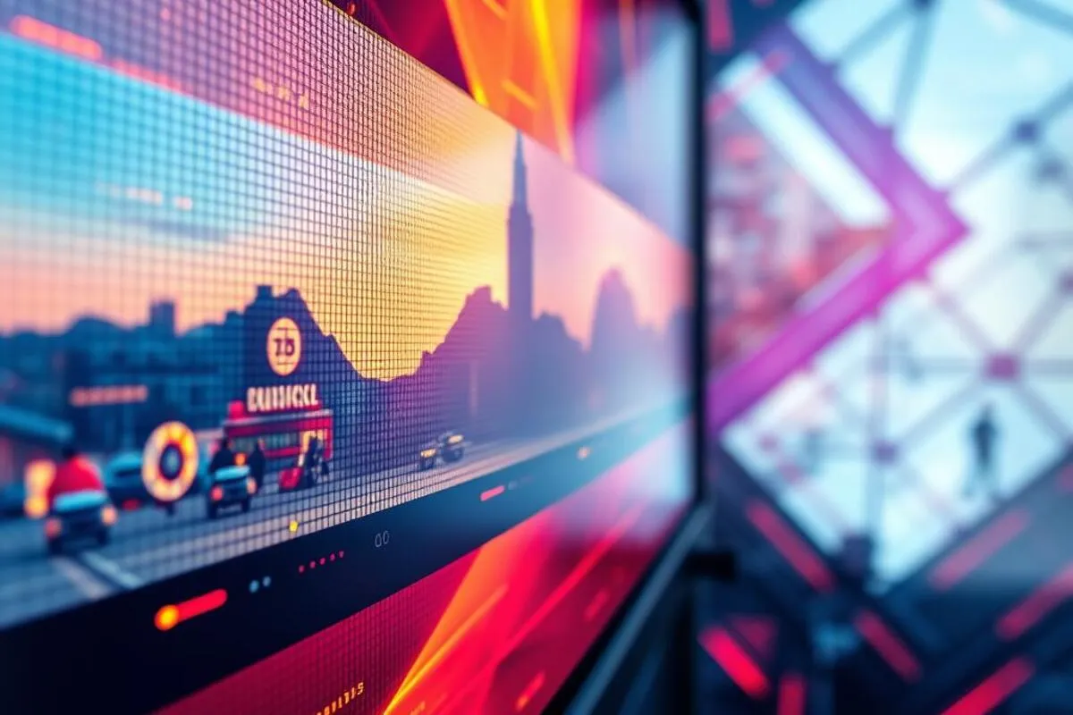 Close-up extremo de uma tela de LED ou painel de alta resolução mostrando a estrutura de pixels e cores vibrantes em uma cena urbana ao pôr do sol.