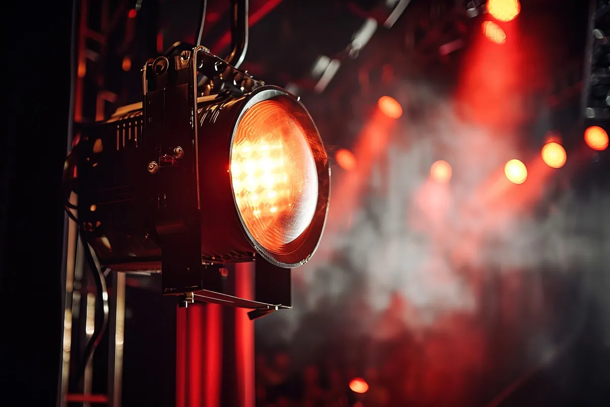 Canhão de luz vermelha iluminando um palco durante um show, com fumaça e outros refletores desfocados ao fundo.
