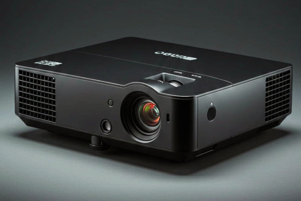 Projetor Full HD na cor preta, com lente ajustável e design moderno, ideal para apresentações e home theater.