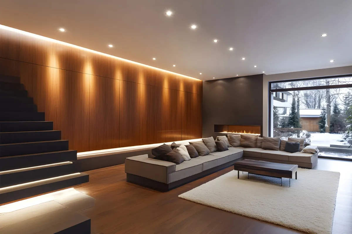 sala moderna com iluminação embutida no teto, luz linear na escada e iluminação indireta na parede